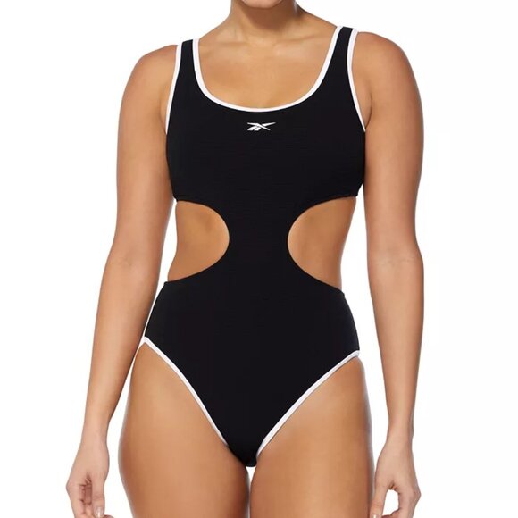 NWT Reebok Women's Cutout Piping-Trim Tank One-Piece Black Size L $100 9B761 - Picture 1 of 3